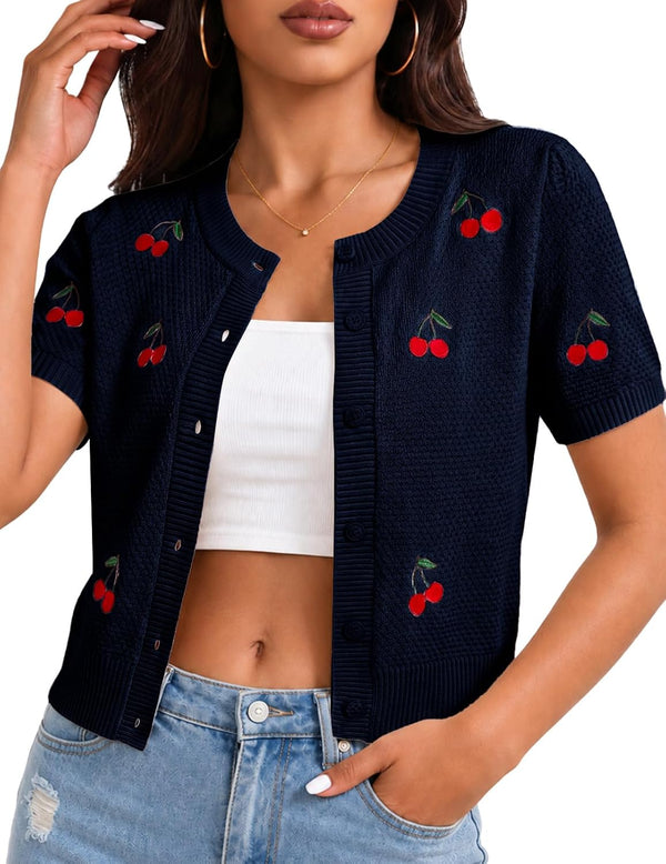 Cherry Short Sleeve Cardigan for Women Cropped Lightweight Cardigan Sweater