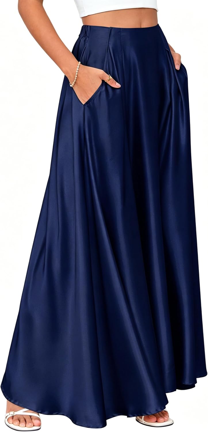 Maxi Satin Skirts for Womens High Waisted Flowy Long A line Skirt Trendy for Office Holiday Party
