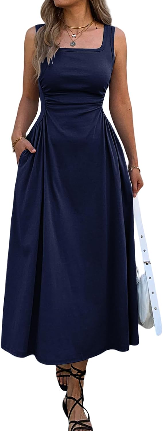 Mieazom Women's Square Neck Sleeveless Slim-Fit Maxi Dress Ruched Waist Corset Flowy Casual Summer Dresses with Pockets