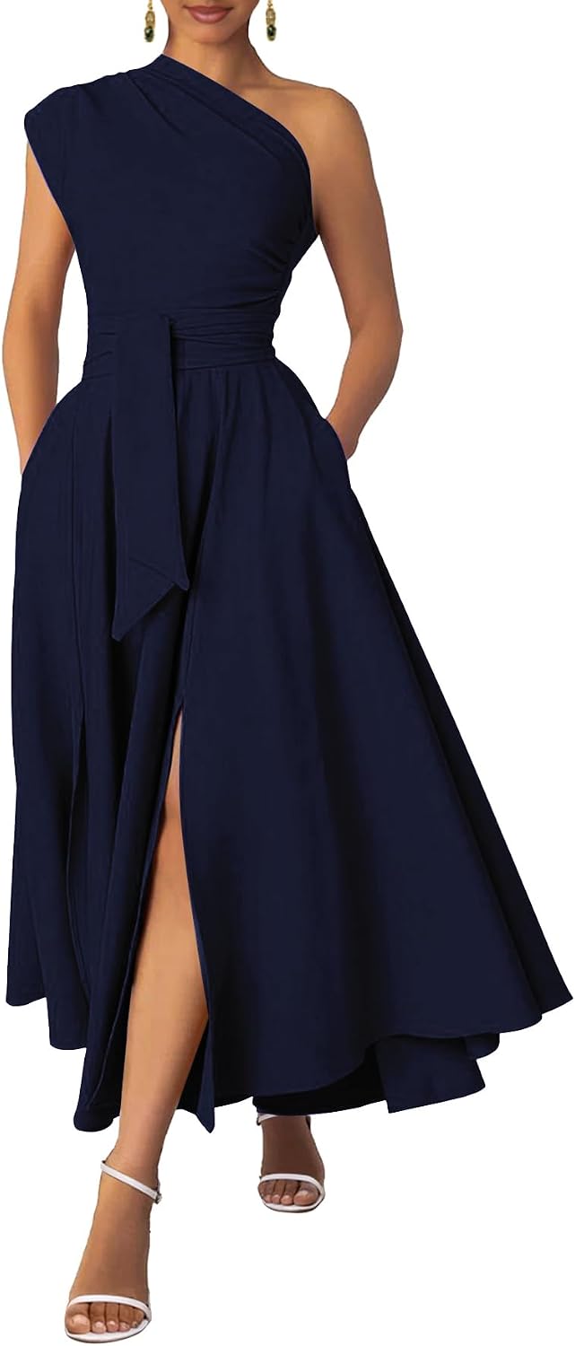 Ekaliy Women's One Shoulder Belted Maxi Dress Formal Wedding Guest Dress Secondary image