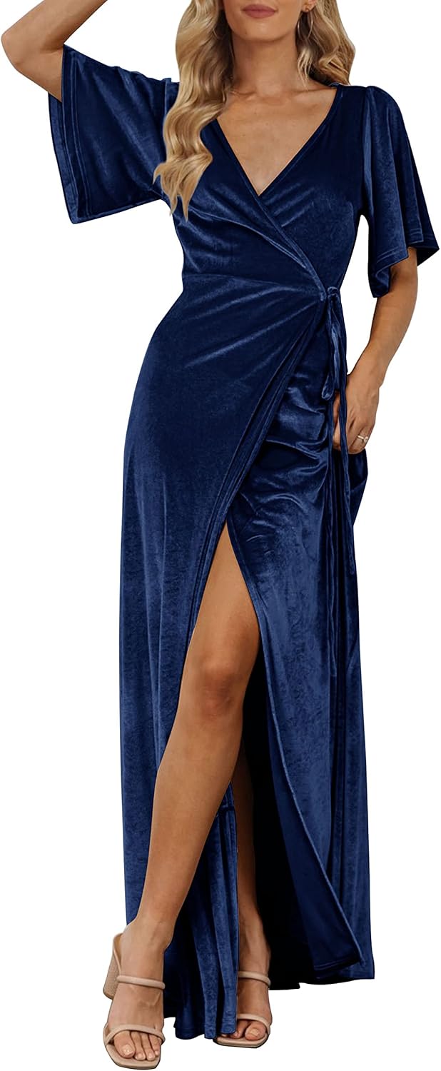 MEROKEETY Women's Wrap V Neck Wedding Guest Cocktail Velvet Maxi Dress