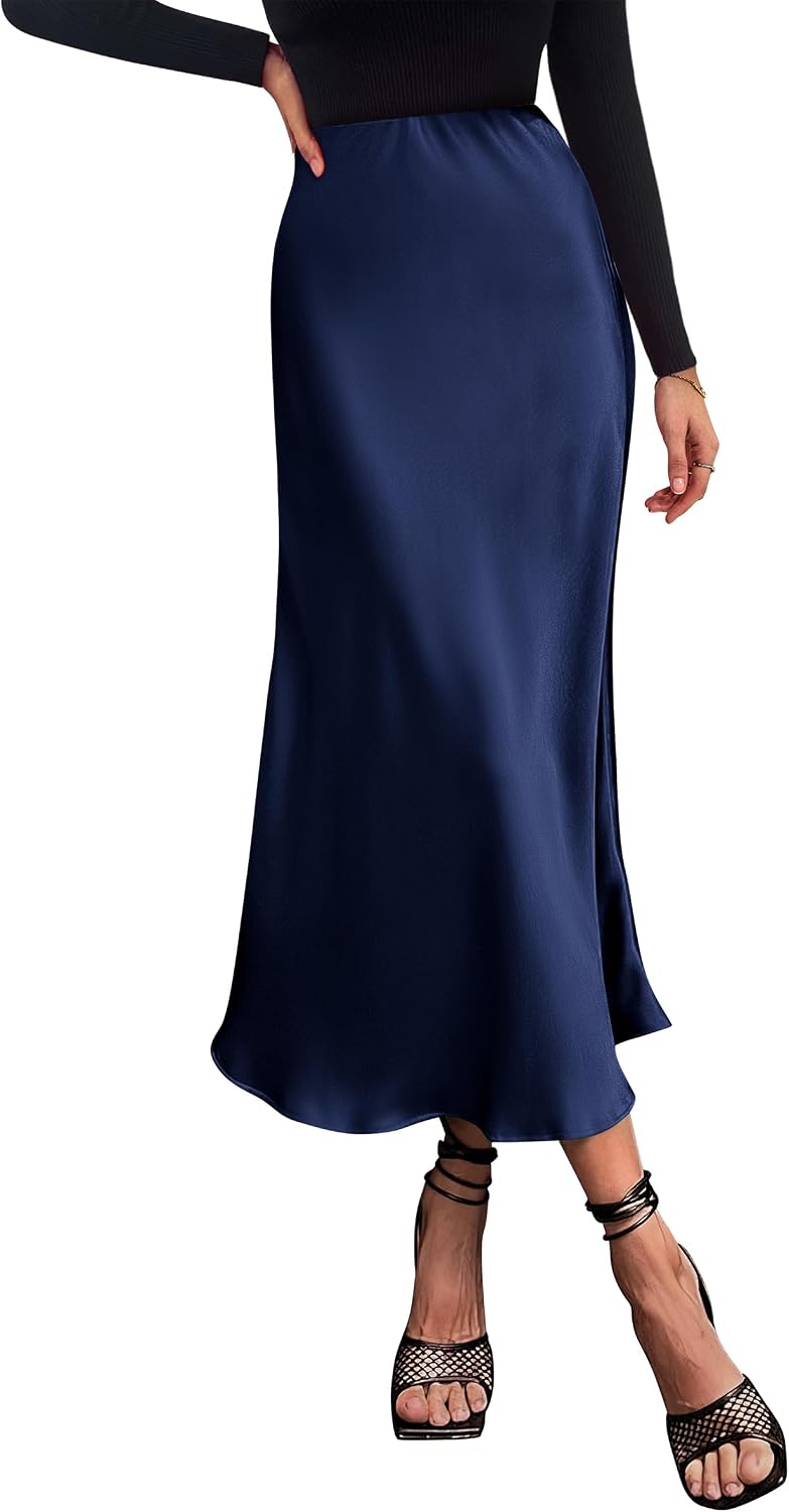 PRETTYGARDEN Women's Satin Midi Skirts Dressy Casual