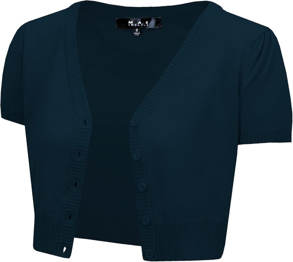 YEMAK Women's Cropped Bolero Cardigan – Short Sleeve V-Neck Basic Classic Casual Button Down Knit Soft Sweater Knitted Top
