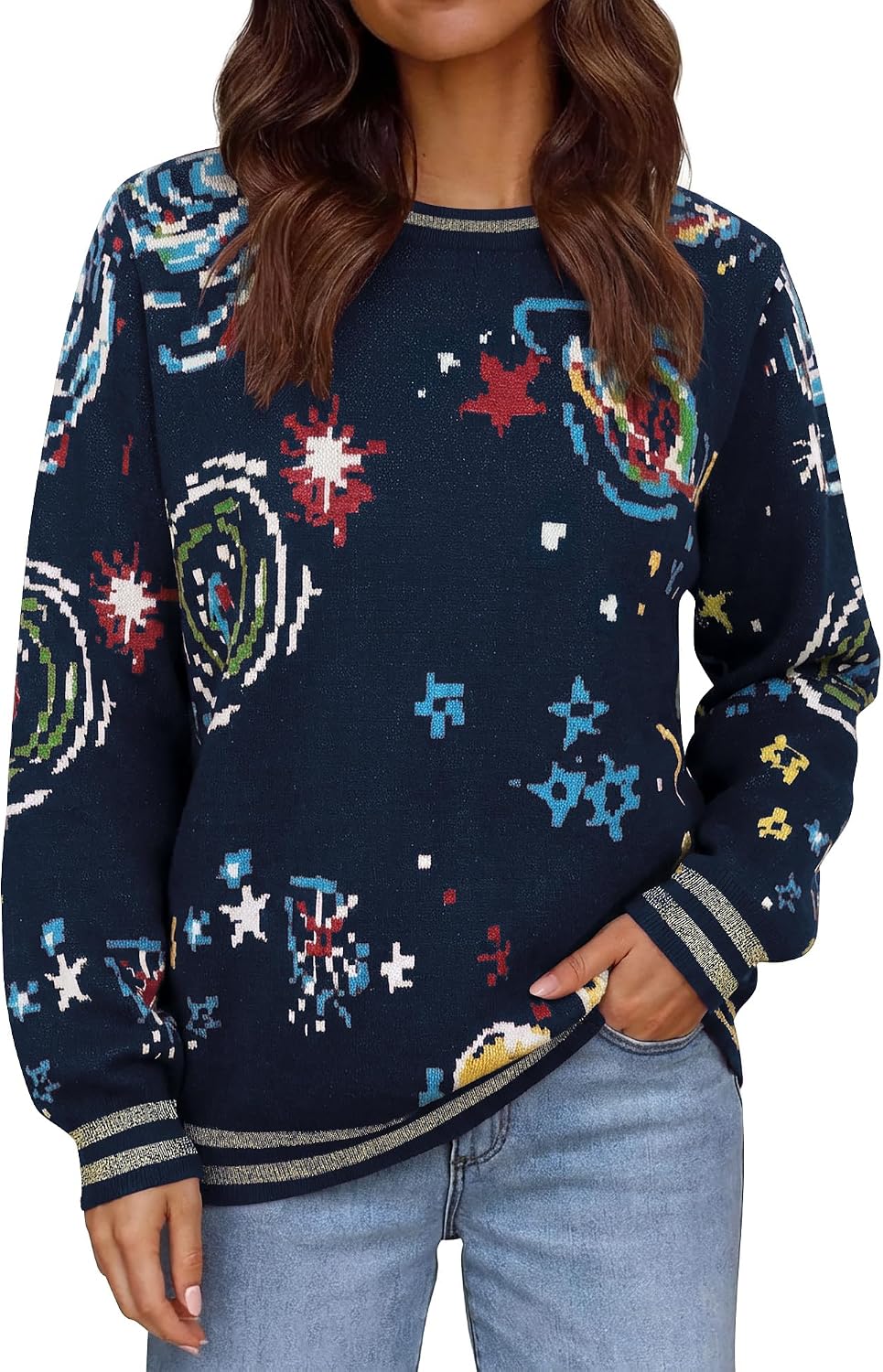 Women's Retro Space Galaxy Graphic Knit Sweaters Vintage Crewneck Pullover Main image
