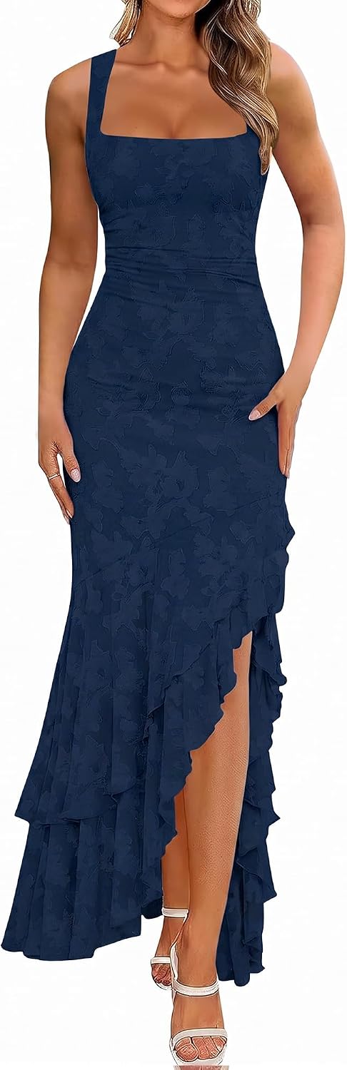 BORIFLORS Women's Elegant Ruched Floral Maxi Wedding Guest Dress