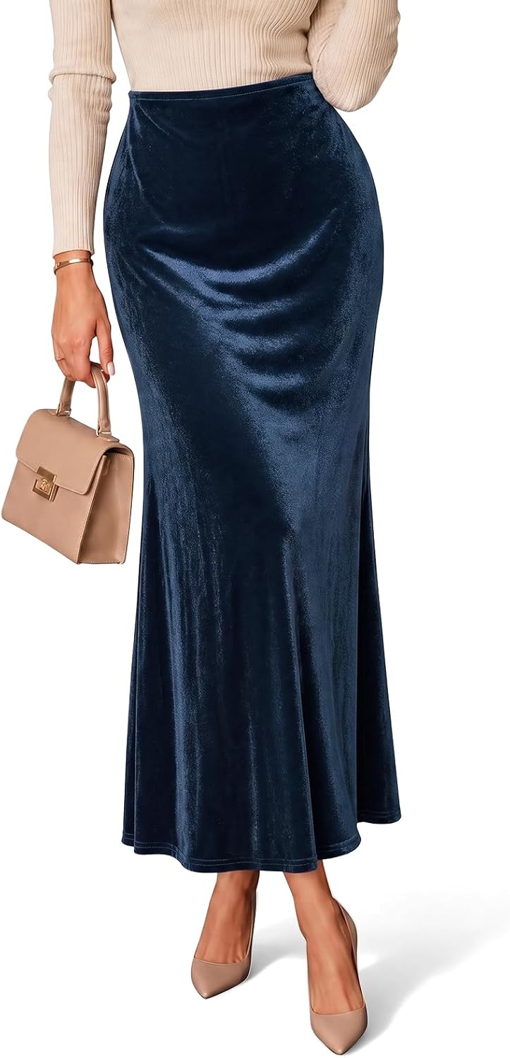 Cicy Bell Womens Velvet Maxi Skirt Fall High Waisted A-Line Long Skirts