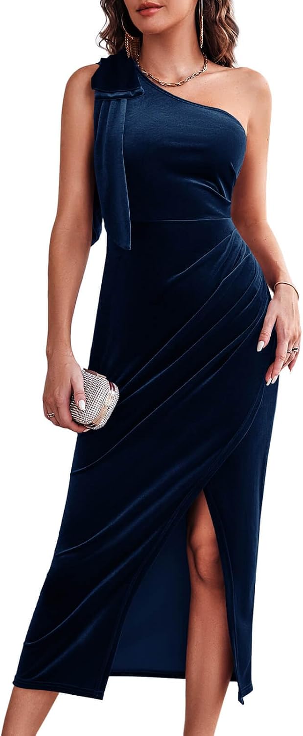 Wenrine Womens Velvet Midi Dress Fall Bodycon Evening Dresses