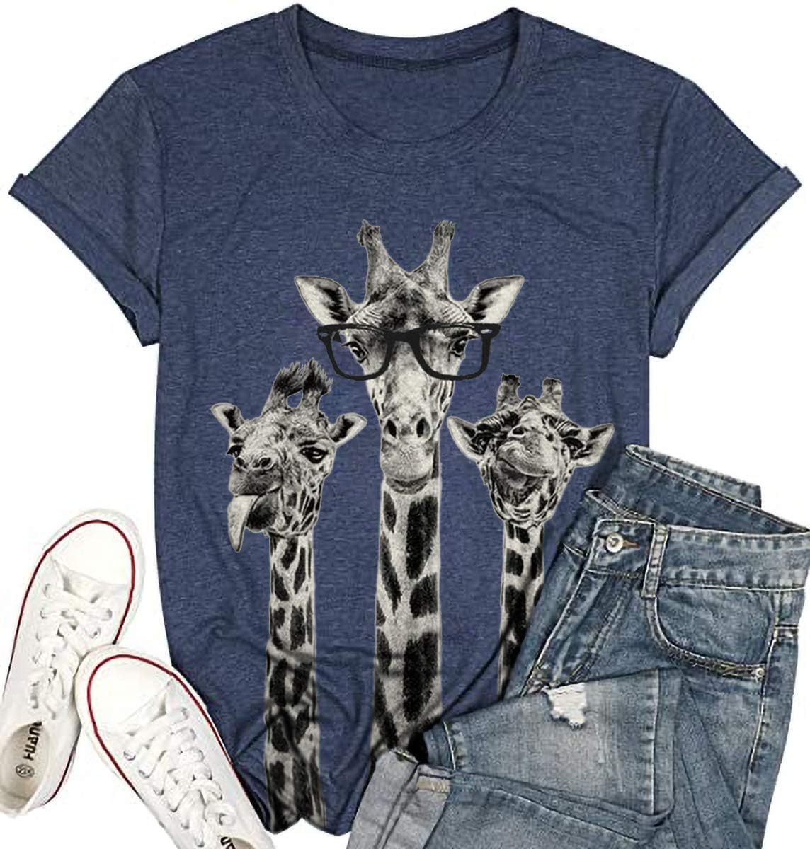 Beopjesk Womens Summer Giraffe Printed T-Shirt Funny Cute Animal Graphic Tees Tops