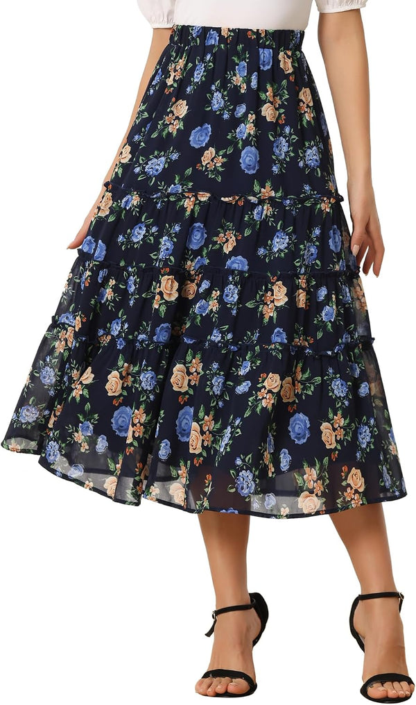 Allegra K Women's Floral Skirt Chiffon A-line Long Tiered Ruffle Maxi Skirt