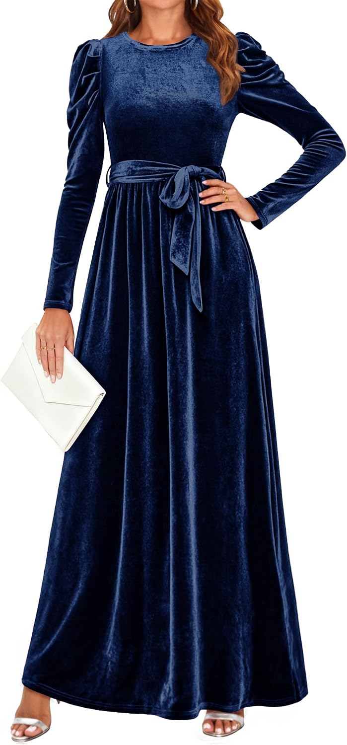 ZESICA Womens Winter Velvet Long Puff Sleeve Maxi Dress