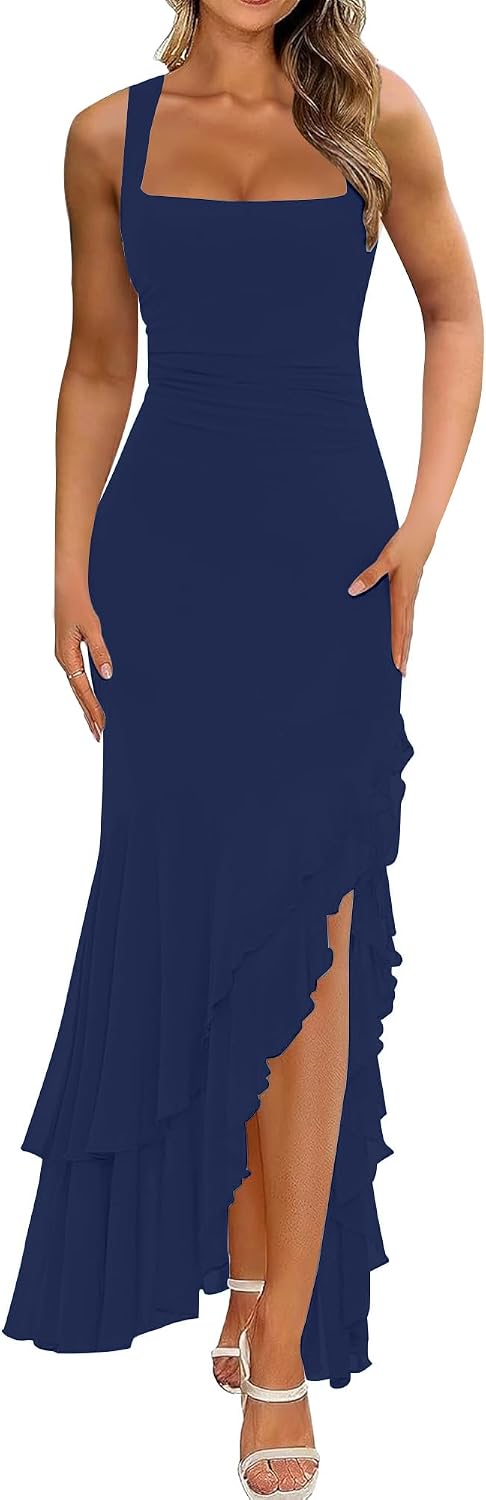 BORIFLORS Women's Elegant Bodycon Ruched Maxi Cocktail Dress