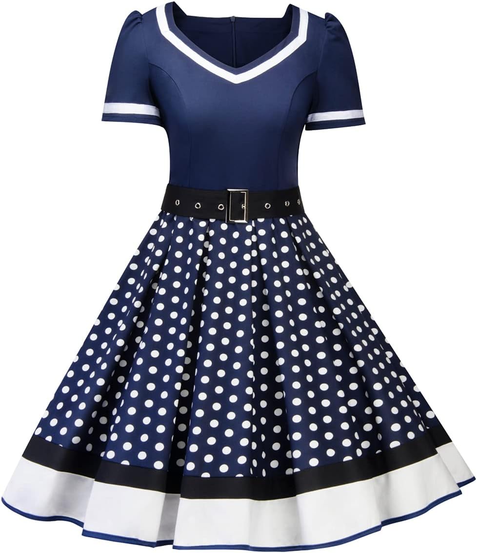 Women Vintage 1950s Dress 50s Polka Dot Rockabilly A-Line Swing Tea Party Prom Retro Cocktail Party Swing Dresses with Belt