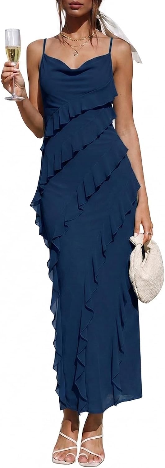 Wedding Guest Dress for Women Ruffle Spaghetti Strap Formal Dresses