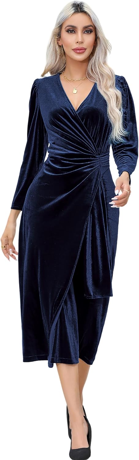R.Vivimos Women's Velvet Wrap Fall Winter Elegant Midi Dress