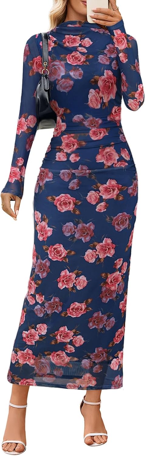 MEROKEETY Womens Fall Long Sleeve Floral Wedding Guest Maxi Dress