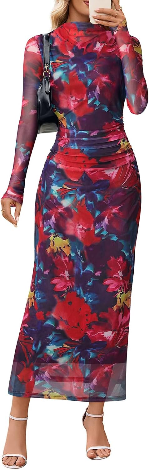 MEROKEETY Womens Fall Long Sleeve Floral Wedding Guest Maxi Dress