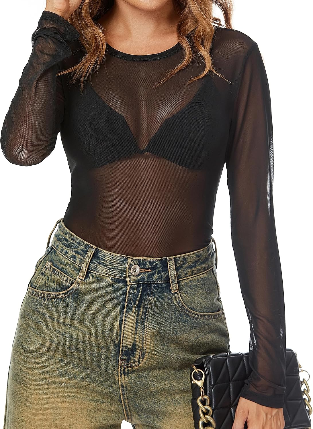 AKEWEI Womens Mesh Long Sleeve Tops Crew Neck Sexy See Through Tee Shirts Party Club Night Lace Blouse