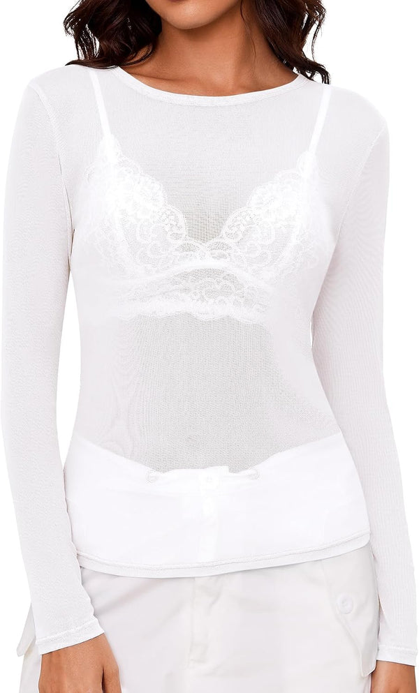 AKEWEI Womens Mesh Long Sleeve Tops Crew Neck Sexy See Through Tee Shirts Party Club Night Lace Blouse