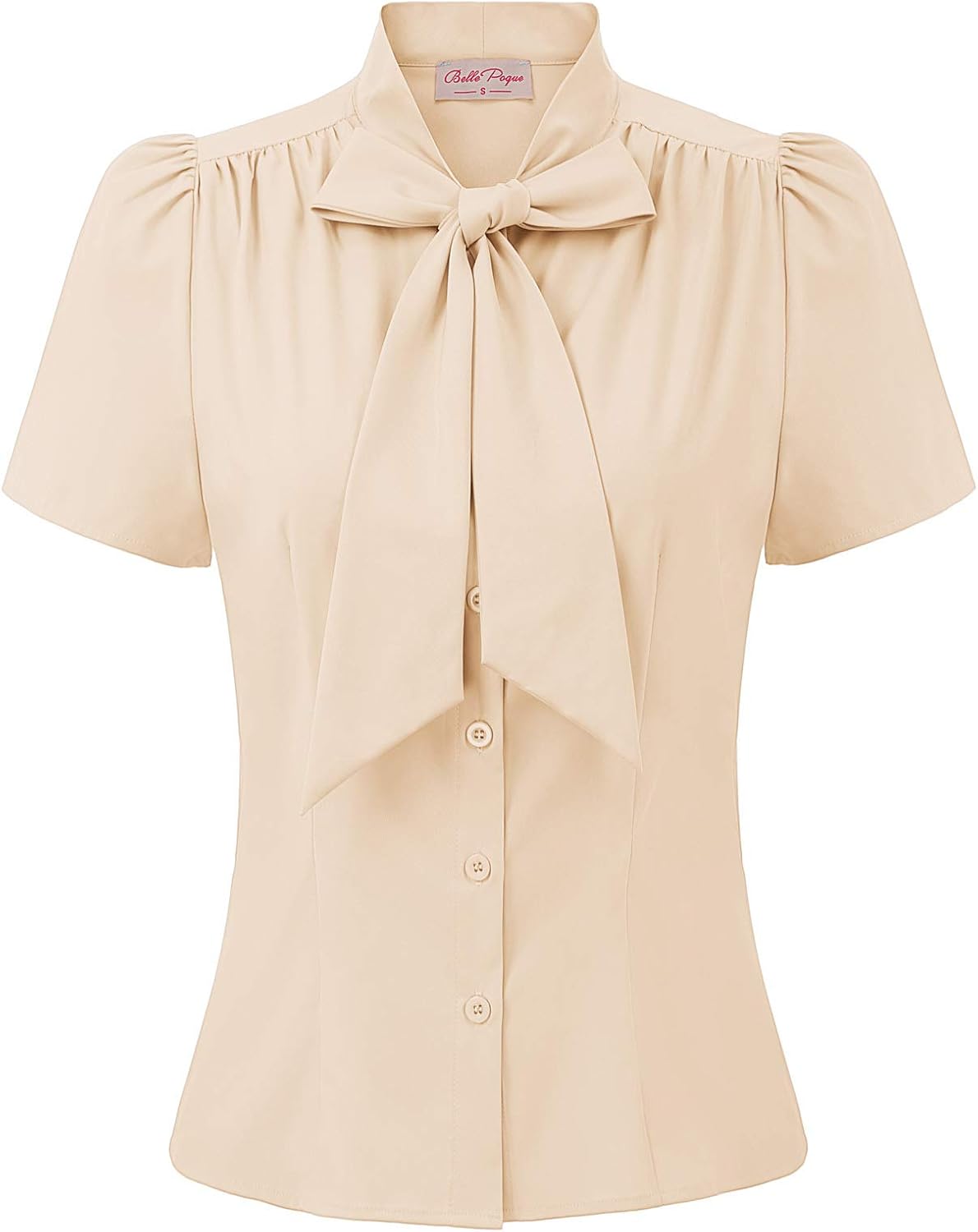 Belle Poque Women Dressy Casual Top Bow Tie Button Down Short Sleeve Blouse