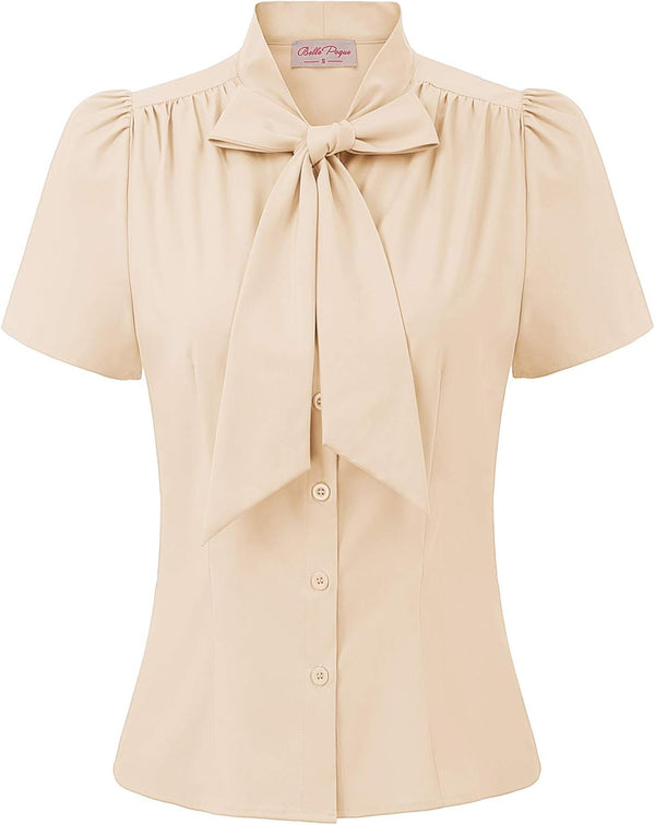 Belle Poque Women Dressy Casual Top Bow Tie Button Down Short Sleeve Blouse
