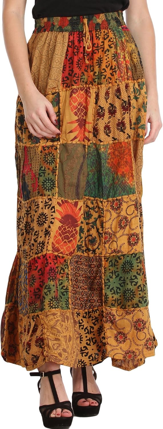 Exotic India Long Printed Dori Skirt from Gujarat with Patch Work - Rayon