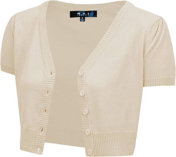 YEMAK Women's Cropped Bolero Cardigan – Short Sleeve V-Neck Basic Classic Casual Button Down Knit Soft Sweater Knitted Top