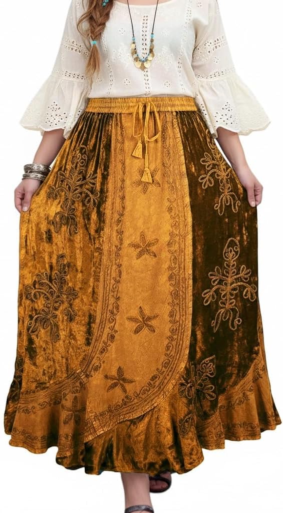 Agan Summer Long Skirts for Women, Boho Embroidered Rayon Velvet Maxi Skirt