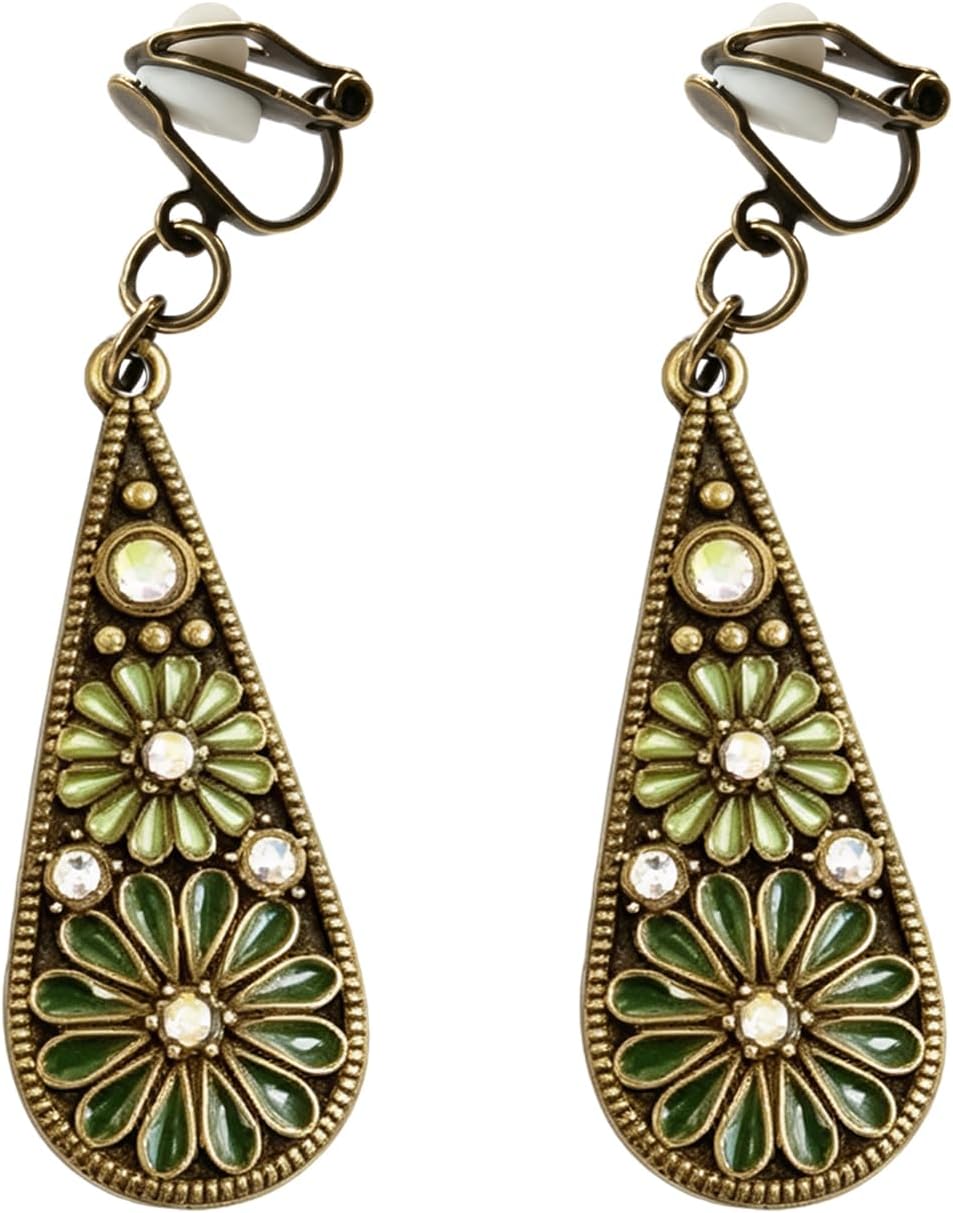 Bohemian Crystal Teardrop Pendant Earring,Vintage Olive Green Hollow Out Flower Floral Dangle Earrings,National Style Geometry Enamel Flower Hook