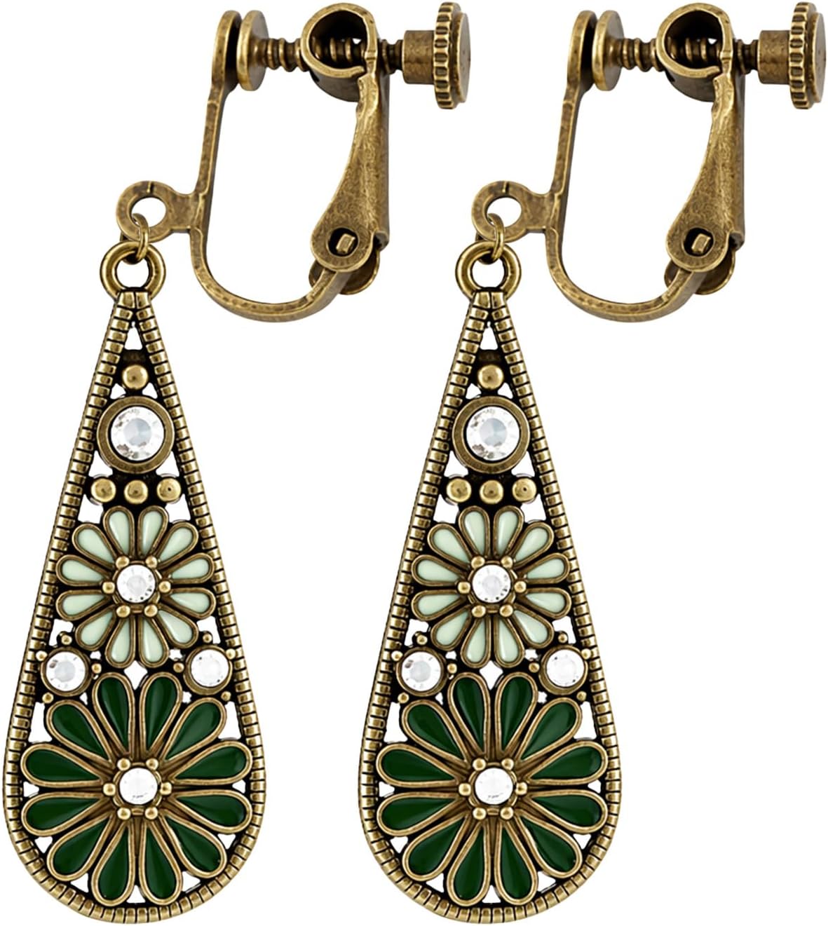 Bohemian Crystal Teardrop Pendant Earring,Vintage Olive Green Hollow Out Flower Floral Dangle Earrings,National Style Geometry Enamel Flower Hook