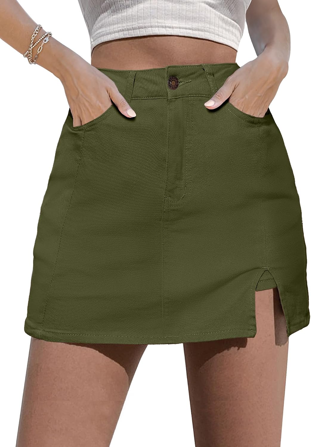 luvamia Jean Skort Women High Waisted Stretchy Denim Mini Skirt Side Slit