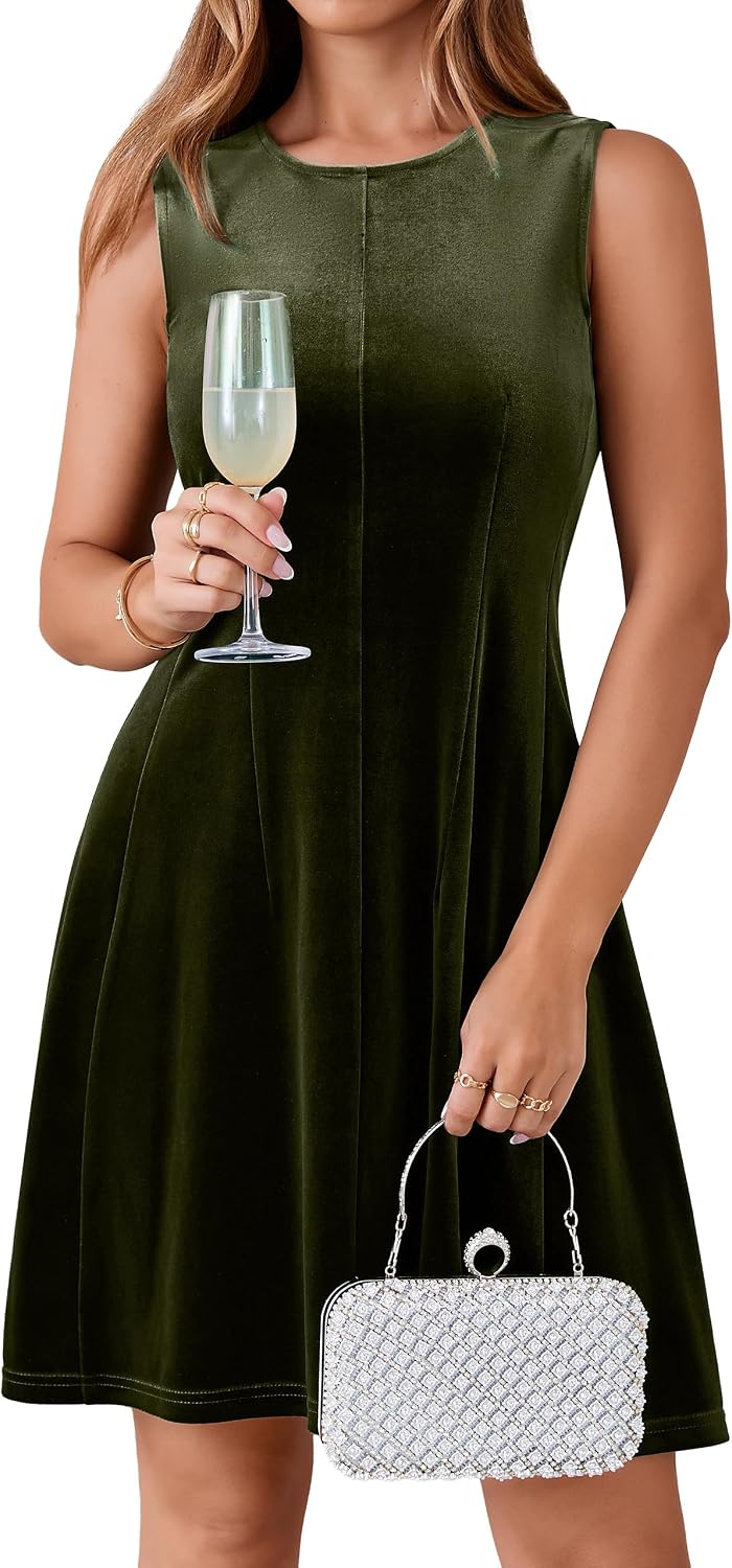 Simplee Womens Velvet Mini Dress Sleeveless Crew Neck A Line Cocktail Party Dress Fall Winter