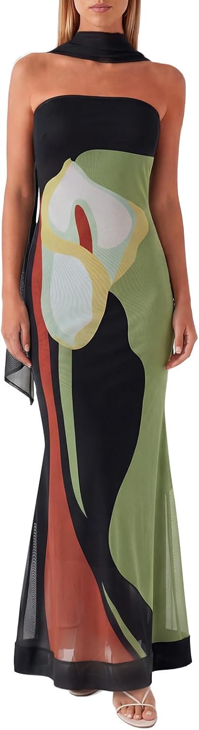 Women Floral Tube Maxi Dress with Scarf Summer Strapless Tube Bodycon Mesh Layer Cocktail Party Wedding Guest Dress