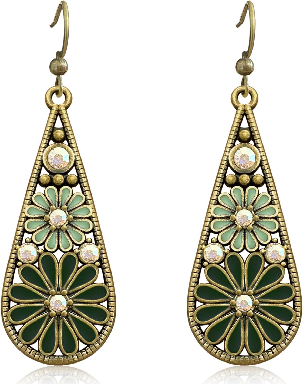 Copper Crystal Teardrop Enamel Flower Earrings