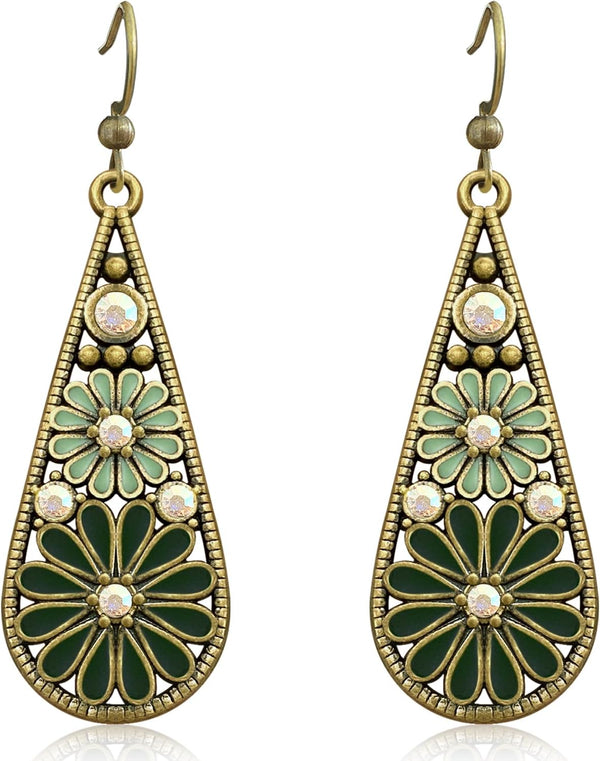 Copper Crystal Teardrop Enamel Flower Earrings