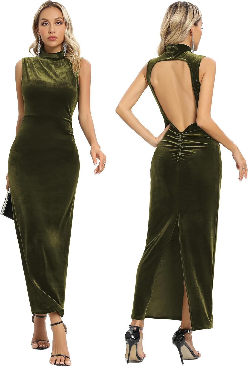 Women Backless Velvet Bodycon Maxi Dress High Neck Ruched Slit Party Dress