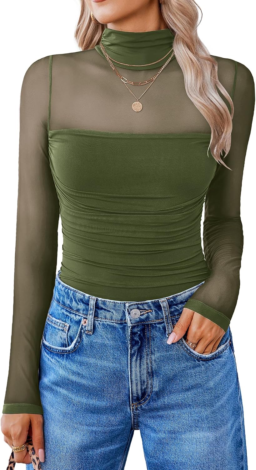 Avidlove Women Long Sleeve Bodysuit Turtle Neck Shapewear Body Suits Mesh One Piece Leotard Shirt Going Out Tops Fall Outfits