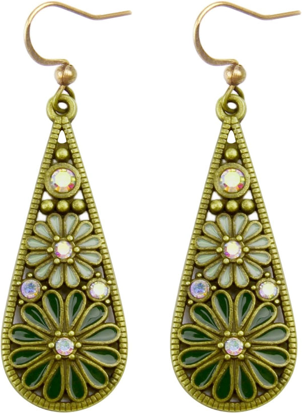 Olive Green Crystal Teardrop Floral Boho Earrings