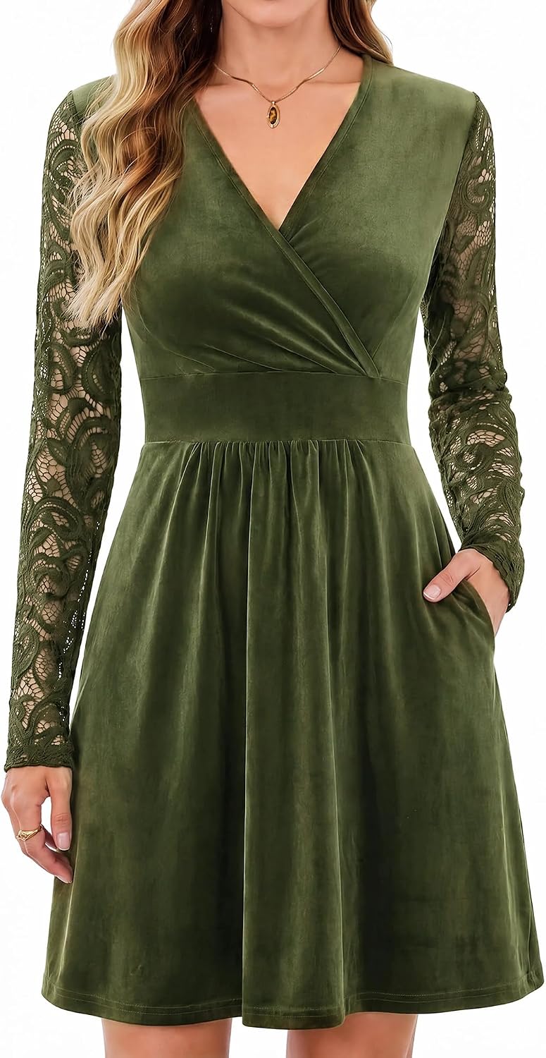 AUSELILY Velvet Dress for Women V Neck Lace Sleeve Wrap Dress