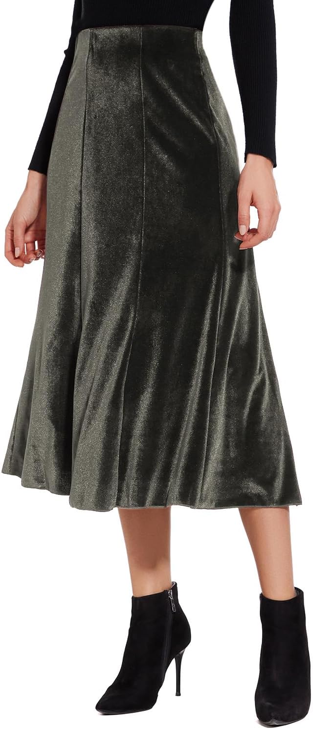 Women’s Elegant Vintage Velvet Midi Skirt Flowy 8-Panel Design