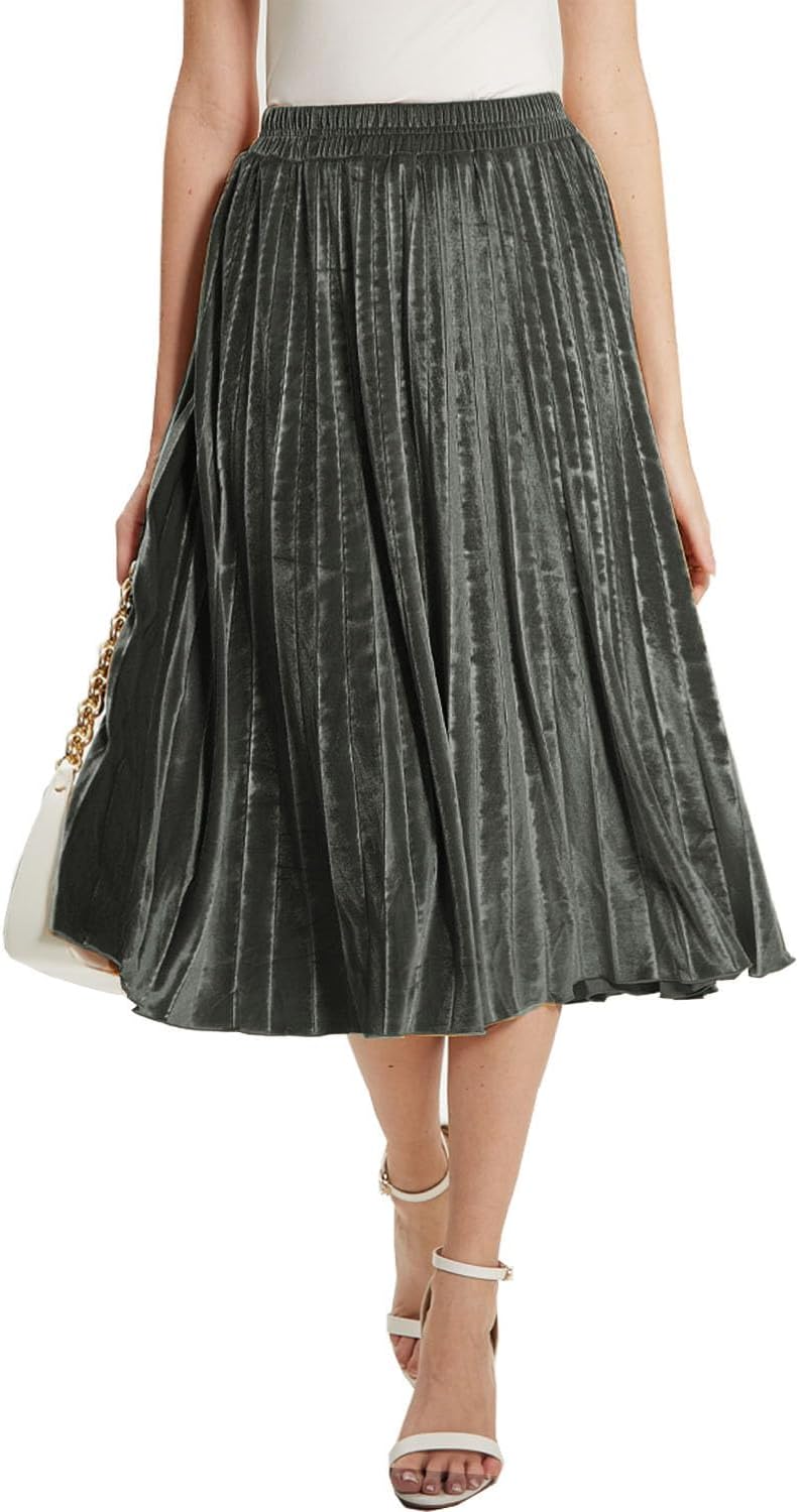 TONCHENGSD Women's Fall Winter Velvet Midi Skirt High Elastic Waist Pleated Skirt