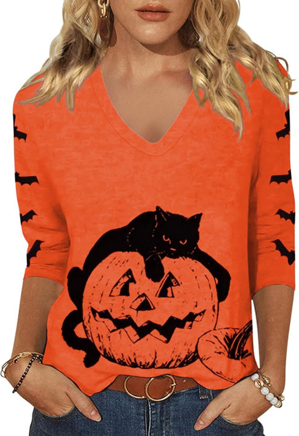 Womens Fall Halloween 3/4 Sleeve V Neck Shirts