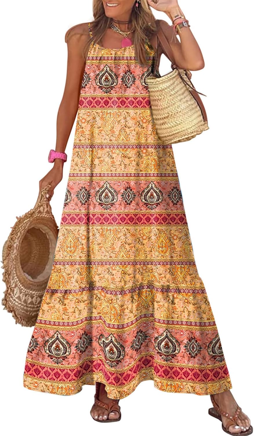 Dokotoo Women Summer Dresses Scoop Neck Ruffle Flowy Boho Maxi Dress