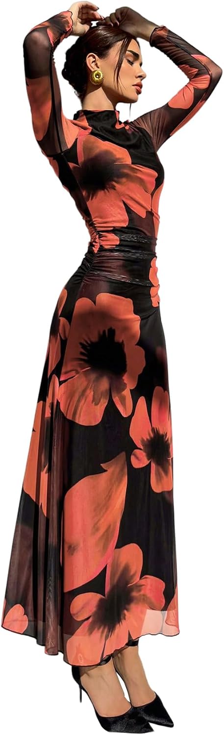 Verdusa Women's Floral Wedding Guest Dress Long Sleeve Mesh Maxi Dresses