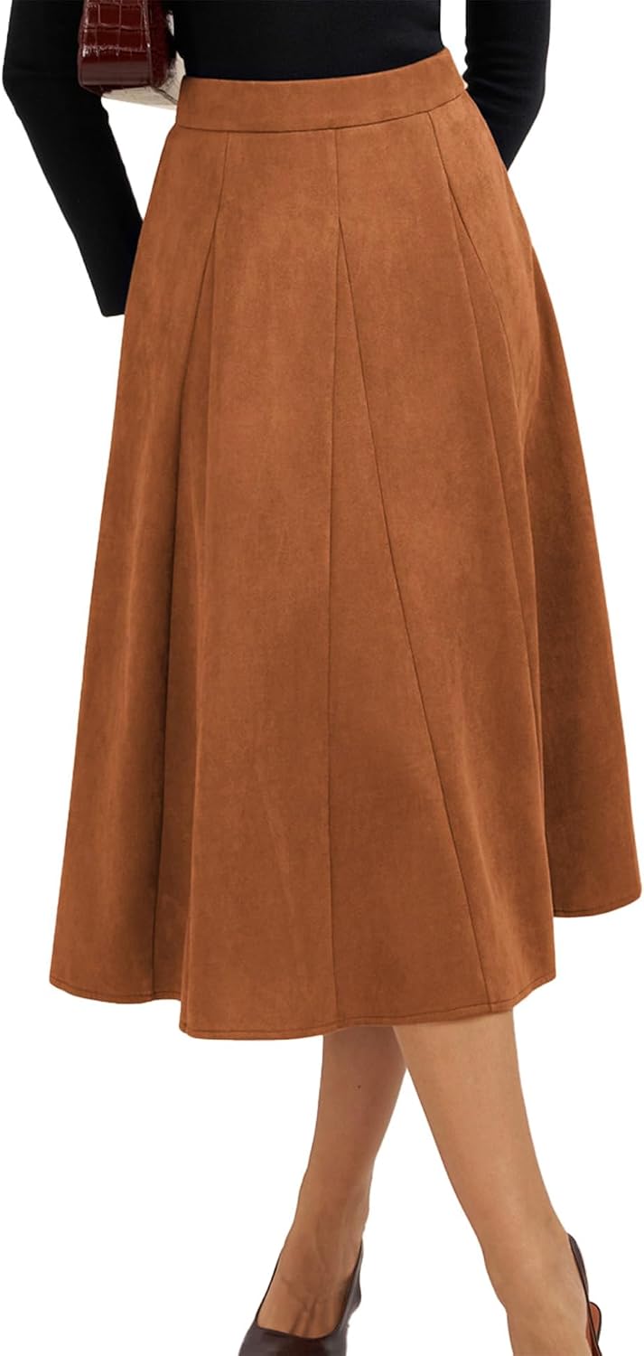 Belle Poque Women Suede Skirt High Waisted A Line Midi Skirts
