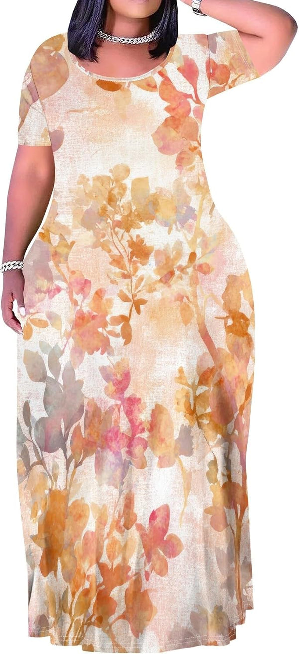Plus Size Maxi Dress for Women Summer Short Sleeve Casual Sundress