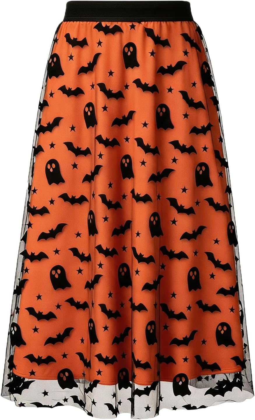 Women's Halloween Tulle Midi Skirt, Flocked Print Witch Costume Skirt