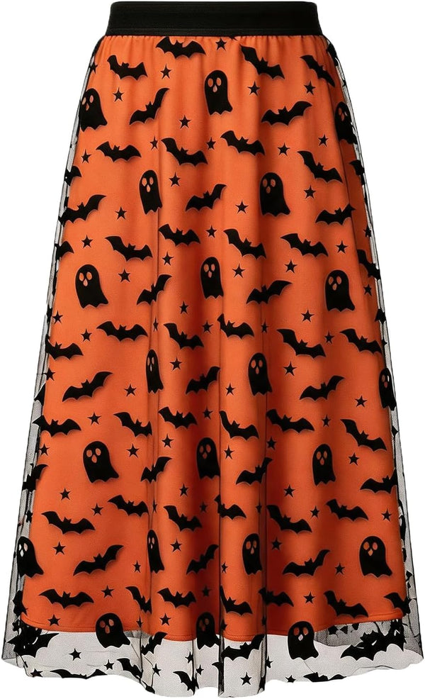 Women's Halloween Tulle Midi Skirt, Flocked Print Witch Costume Skirt