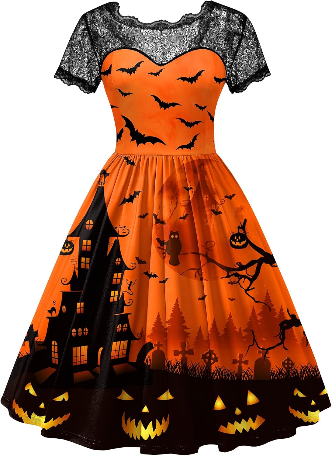 Women Halloween Party Costume Vintage Swing Lace Short Sleeve Witch Dress