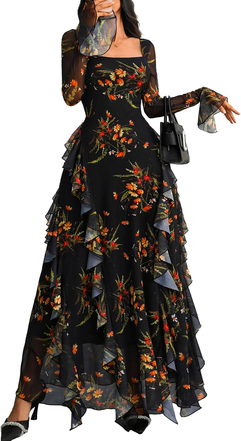 GothDark Women's Floral Dress Long Sleeve Square Neck Ruffle Party Outfit