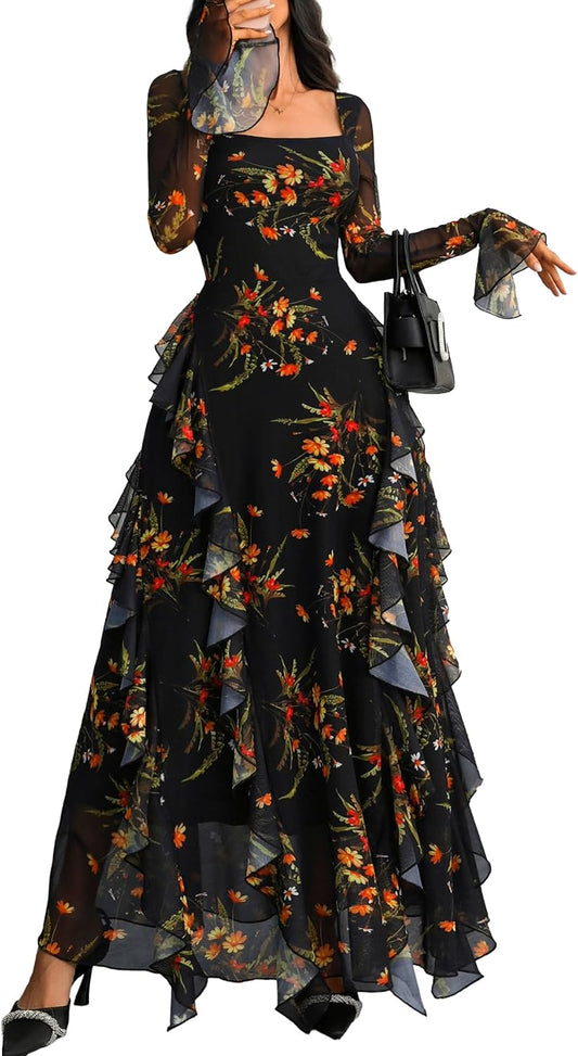 GothDark Women's Floral Dress Long Sleeve Square Neck Ruffle Party Outfit